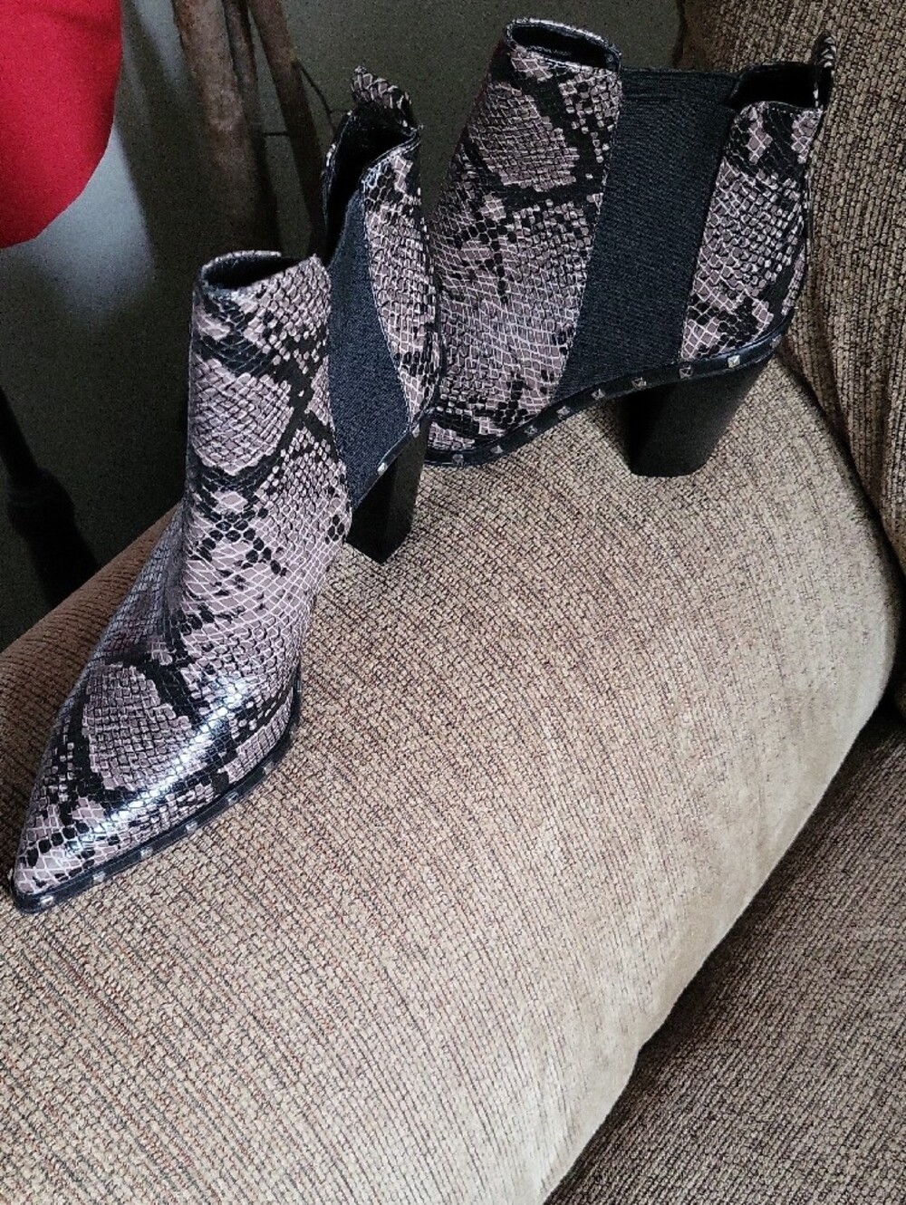 Women's Snake-Print Block Heel Ankle Boots - Black/Taupe - Picture 10 of 11
